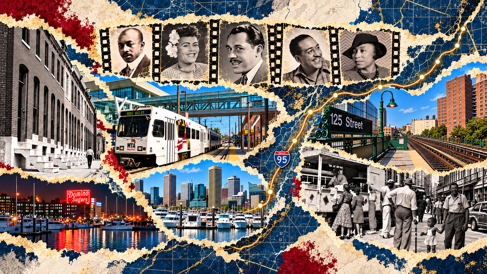 Editorial collage linking Baltimore marble-step rowhouses, the Convention Center light rail, Domino Sugar and the Inner Harbor with Harlem’s 125th Street station, archival street life and portraits of Eubie Blake, Billie Holiday, Cab Calloway, Langston Hughes and Zora Neale Hurston along a gold I-95 corridor.